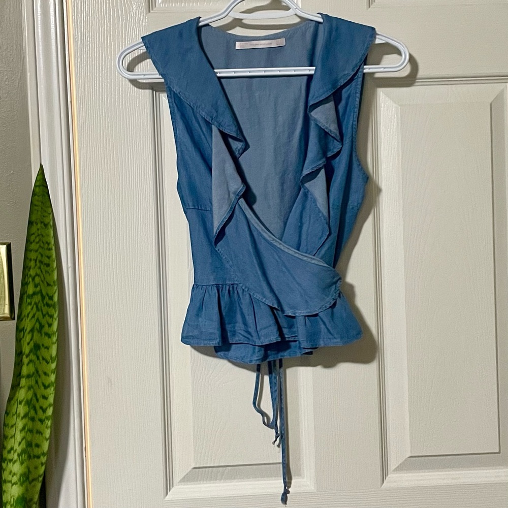 Zara Denim Ruffled Wrap Top - Picture 6 of 9